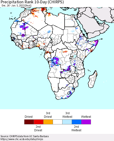 Africa Precipitation Rank 10-Day (CHIRPS) Thematic Map For 12/26/2022 - 1/5/2023