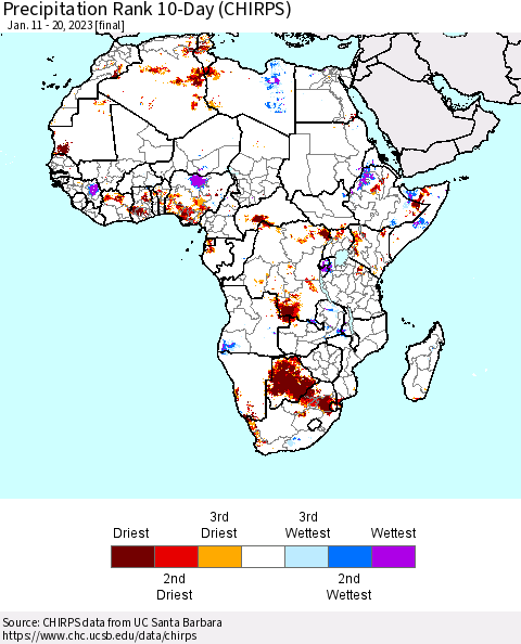 Africa Precipitation Rank since 1981, 10-Day (CHIRPS) Thematic Map For 1/11/2023 - 1/20/2023