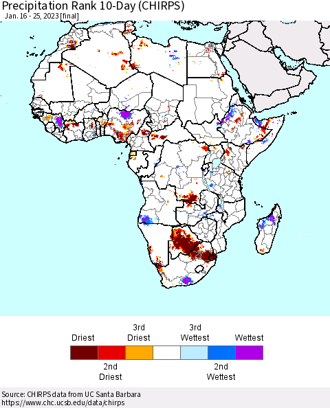 Africa Precipitation Rank since 1981, 10-Day (CHIRPS) Thematic Map For 1/16/2023 - 1/25/2023