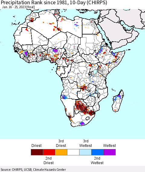 Africa Precipitation Rank since 1981, 10-Day (CHIRPS) Thematic Map For 1/16/2023 - 1/25/2023