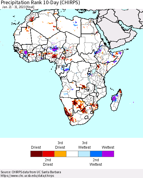 Africa Precipitation Rank 10-Day (CHIRPS) Thematic Map For 1/21/2023 - 1/31/2023