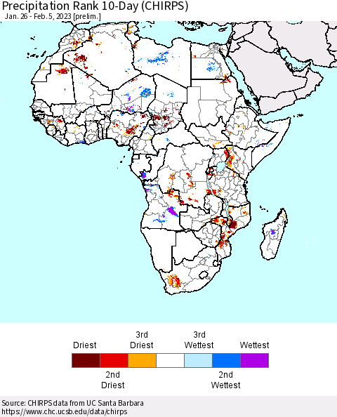 Africa Precipitation Rank 10-Day (CHIRPS) Thematic Map For 1/26/2023 - 2/5/2023