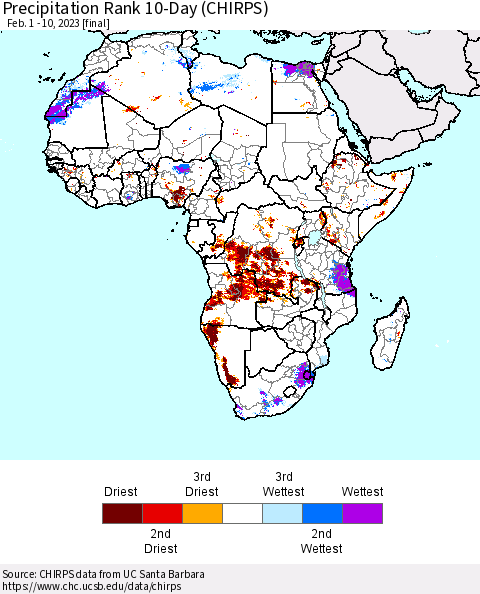 Africa Precipitation Rank since 1981, 10-Day (CHIRPS) Thematic Map For 2/1/2023 - 2/10/2023