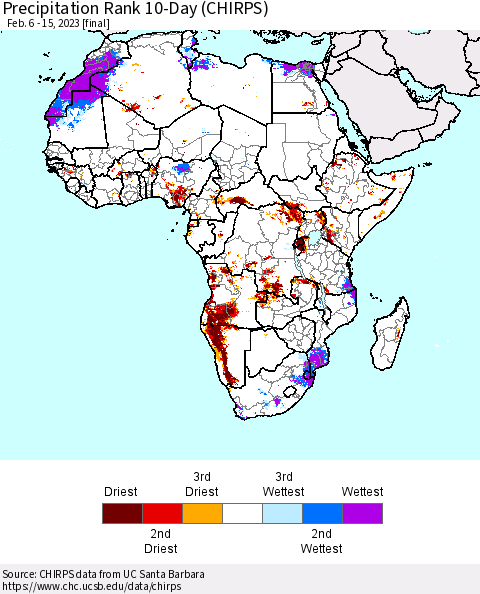 Africa Precipitation Rank since 1981, 10-Day (CHIRPS) Thematic Map For 2/6/2023 - 2/15/2023