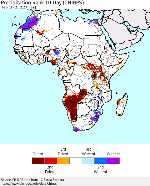 Africa Precipitation Rank 10-Day (CHIRPS) Thematic Map For 2/11/2023 - 2/20/2023