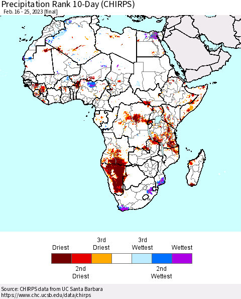 Africa Precipitation Rank 10-Day (CHIRPS) Thematic Map For 2/16/2023 - 2/25/2023