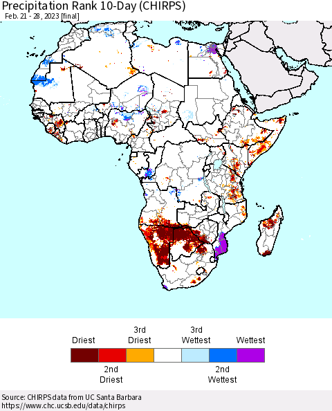 Africa Precipitation Rank 10-Day (CHIRPS) Thematic Map For 2/21/2023 - 2/28/2023