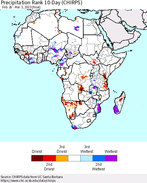 Africa Precipitation Rank since 1981, 10-Day (CHIRPS) Thematic Map For 2/26/2023 - 3/5/2023