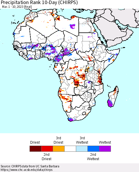 Africa Precipitation Rank since 1981, 10-Day (CHIRPS) Thematic Map For 3/1/2023 - 3/10/2023