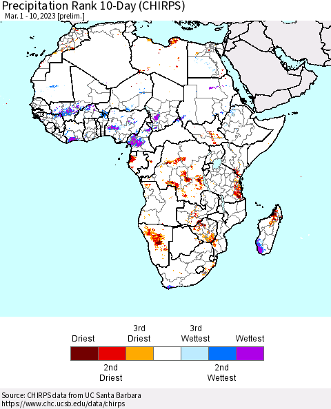 Africa Precipitation Rank 10-Day (CHIRPS) Thematic Map For 3/1/2023 - 3/10/2023