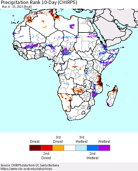 Africa Precipitation Rank since 1981, 10-Day (CHIRPS) Thematic Map For 3/6/2023 - 3/15/2023