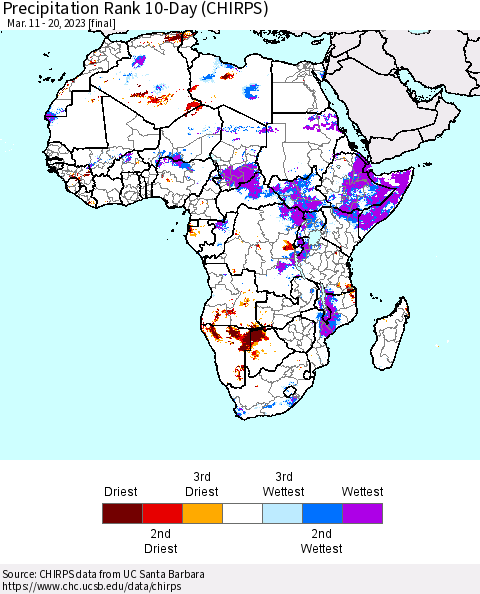 Africa Precipitation Rank since 1981, 10-Day (CHIRPS) Thematic Map For 3/11/2023 - 3/20/2023
