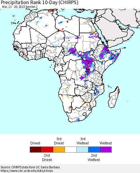 Africa Precipitation Rank 10-Day (CHIRPS) Thematic Map For 3/11/2023 - 3/20/2023
