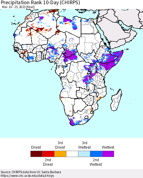 Africa Precipitation Rank since 1981, 10-Day (CHIRPS) Thematic Map For 3/16/2023 - 3/25/2023