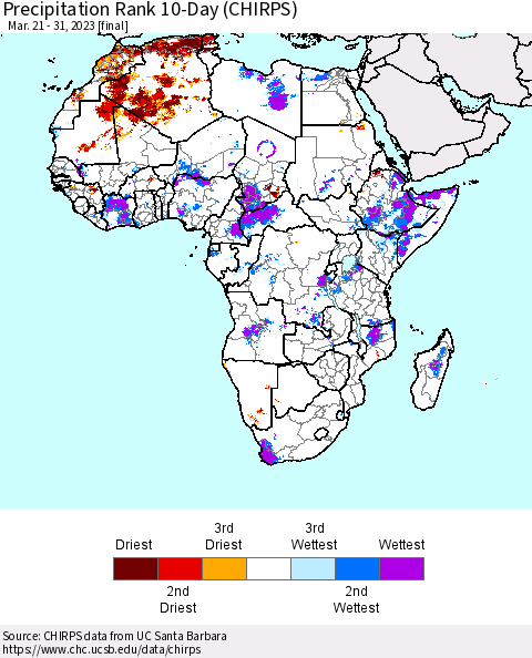 Africa Precipitation Rank since 1981, 10-Day (CHIRPS) Thematic Map For 3/21/2023 - 3/31/2023