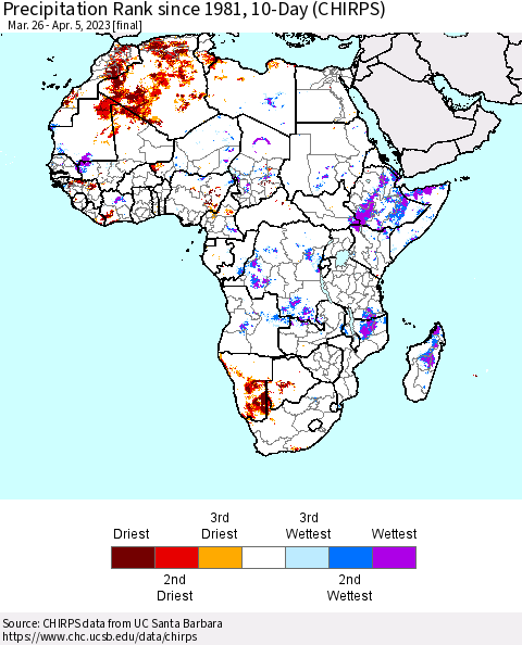 Africa Precipitation Rank since 1981, 10-Day (CHIRPS) Thematic Map For 3/26/2023 - 4/5/2023
