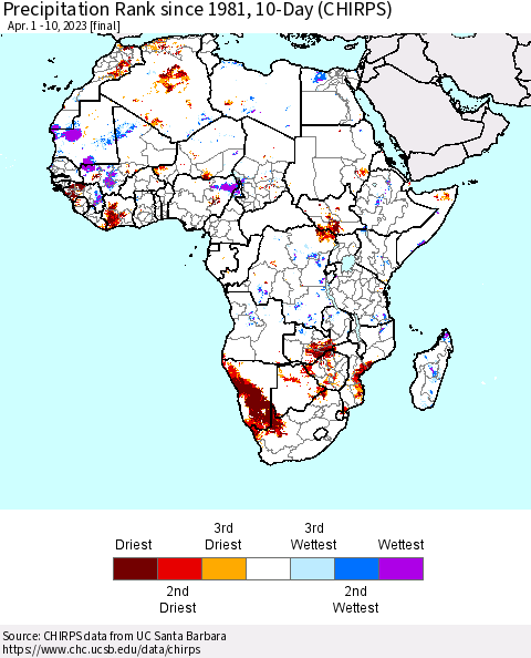 Africa Precipitation Rank since 1981, 10-Day (CHIRPS) Thematic Map For 4/1/2023 - 4/10/2023