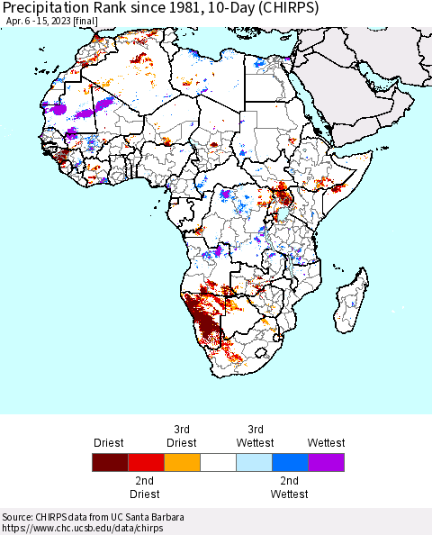 Africa Precipitation Rank since 1981, 10-Day (CHIRPS) Thematic Map For 4/6/2023 - 4/15/2023