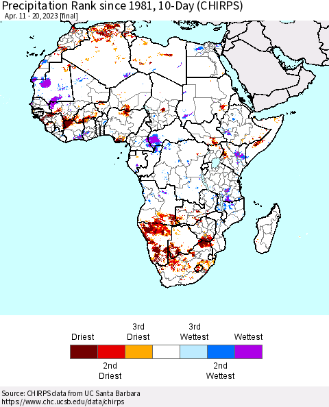 Africa Precipitation Rank since 1981, 10-Day (CHIRPS) Thematic Map For 4/11/2023 - 4/20/2023