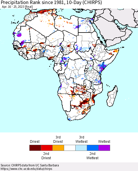 Africa Precipitation Rank since 1981, 10-Day (CHIRPS) Thematic Map For 4/16/2023 - 4/25/2023