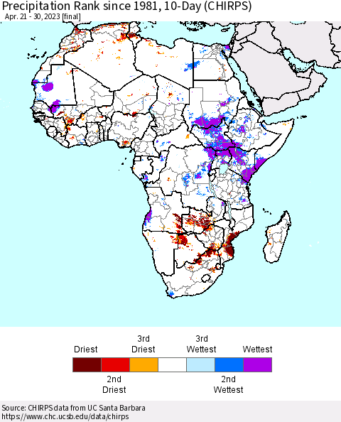 Africa Precipitation Rank since 1981, 10-Day (CHIRPS) Thematic Map For 4/21/2023 - 4/30/2023
