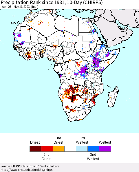 Africa Precipitation Rank since 1981, 10-Day (CHIRPS) Thematic Map For 4/26/2023 - 5/5/2023