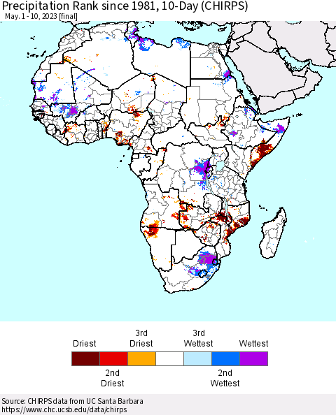 Africa Precipitation Rank since 1981, 10-Day (CHIRPS) Thematic Map For 5/1/2023 - 5/10/2023