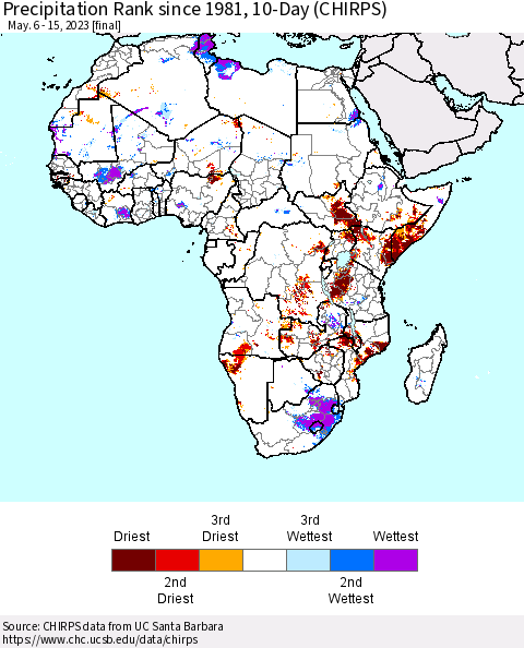 Africa Precipitation Rank since 1981, 10-Day (CHIRPS) Thematic Map For 5/6/2023 - 5/15/2023