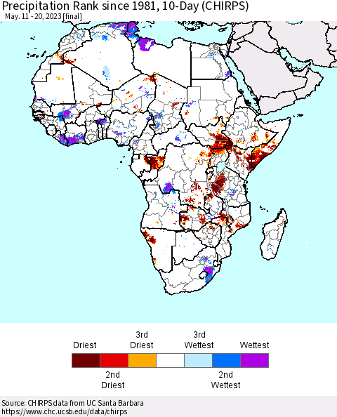 Africa Precipitation Rank since 1981, 10-Day (CHIRPS) Thematic Map For 5/11/2023 - 5/20/2023