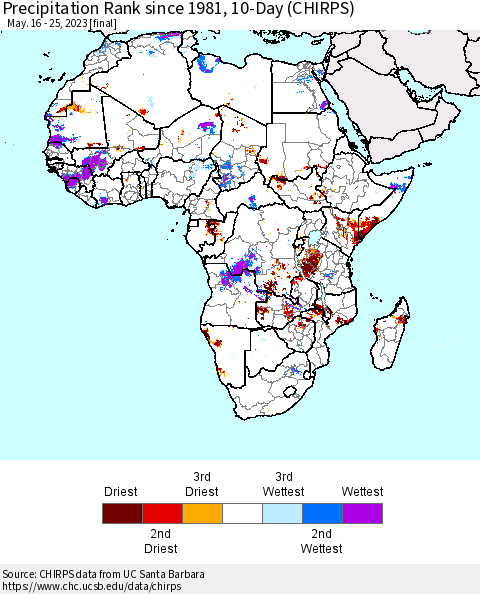 Africa Precipitation Rank since 1981, 10-Day (CHIRPS) Thematic Map For 5/16/2023 - 5/25/2023