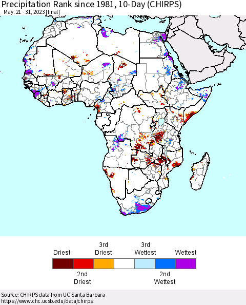 Africa Precipitation Rank since 1981, 10-Day (CHIRPS) Thematic Map For 5/21/2023 - 5/31/2023
