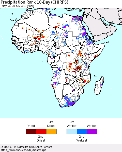 Africa Precipitation Rank since 1981, 10-Day (CHIRPS) Thematic Map For 5/26/2023 - 6/5/2023
