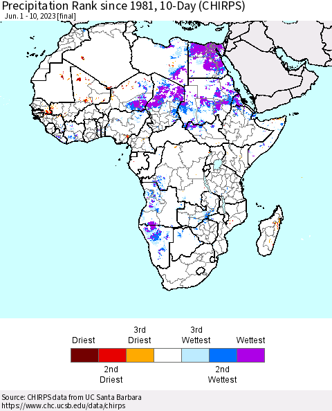 Africa Precipitation Rank since 1981, 10-Day (CHIRPS) Thematic Map For 6/1/2023 - 6/10/2023