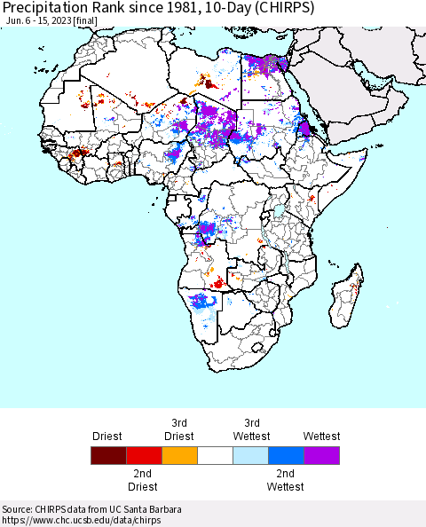 Africa Precipitation Rank since 1981, 10-Day (CHIRPS) Thematic Map For 6/6/2023 - 6/15/2023