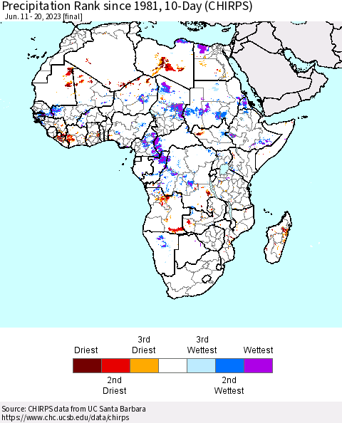 Africa Precipitation Rank since 1981, 10-Day (CHIRPS) Thematic Map For 6/11/2023 - 6/20/2023