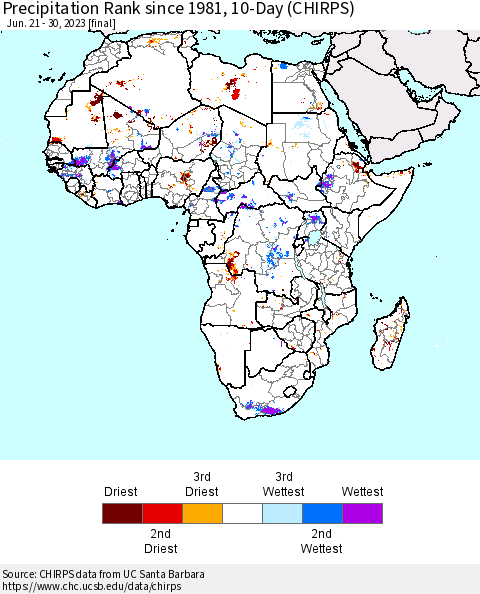 Africa Precipitation Rank since 1981, 10-Day (CHIRPS) Thematic Map For 6/21/2023 - 6/30/2023