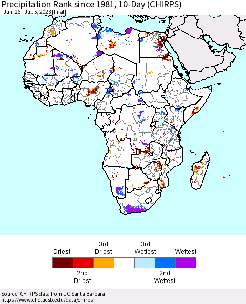 Africa Precipitation Rank since 1981, 10-Day (CHIRPS) Thematic Map For 6/26/2023 - 7/5/2023
