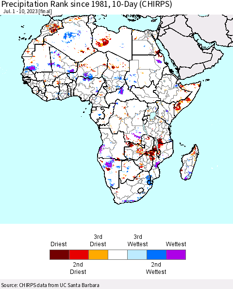 Africa Precipitation Rank since 1981, 10-Day (CHIRPS) Thematic Map For 7/1/2023 - 7/10/2023