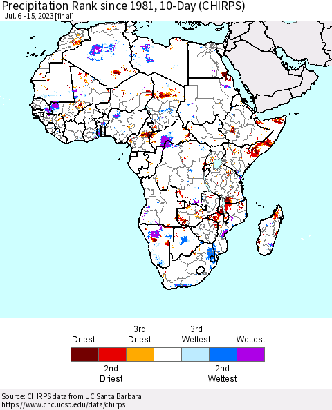 Africa Precipitation Rank since 1981, 10-Day (CHIRPS) Thematic Map For 7/6/2023 - 7/15/2023