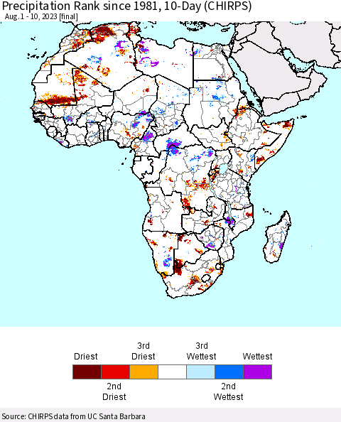 Africa Precipitation Rank since 1981, 10-Day (CHIRPS) Thematic Map For 8/1/2023 - 8/10/2023