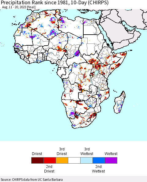 Africa Precipitation Rank since 1981, 10-Day (CHIRPS) Thematic Map For 8/11/2023 - 8/20/2023