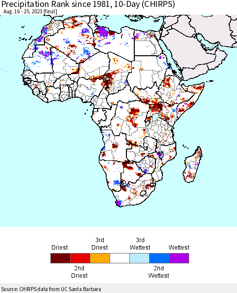 Africa Precipitation Rank since 1981, 10-Day (CHIRPS) Thematic Map For 8/16/2023 - 8/25/2023