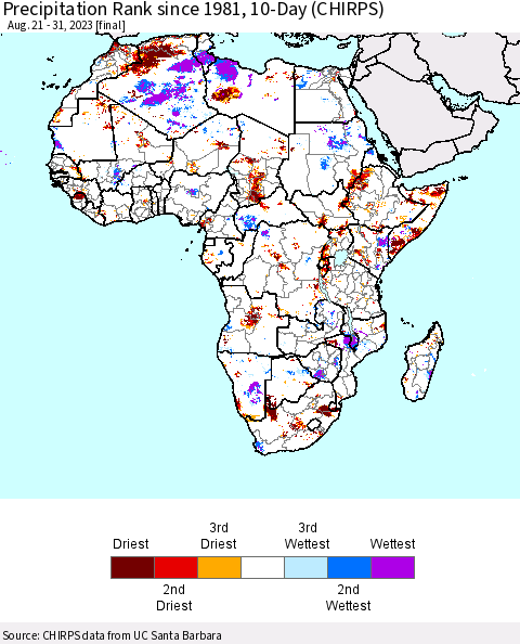 Africa Precipitation Rank since 1981, 10-Day (CHIRPS) Thematic Map For 8/21/2023 - 8/31/2023