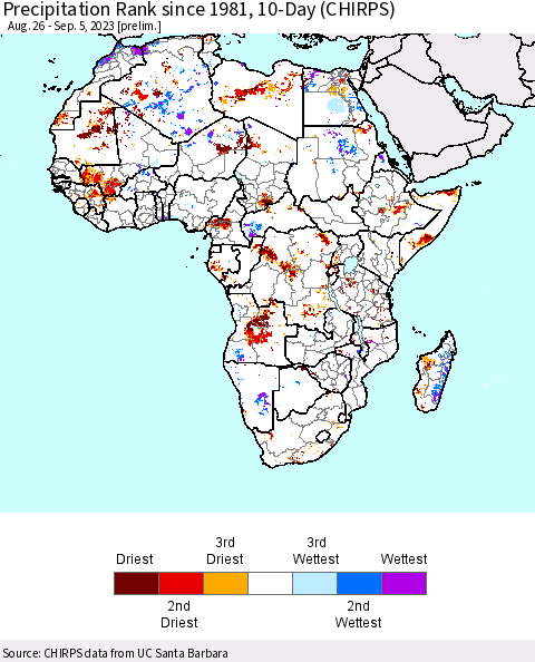 Africa Precipitation Rank since 1981, 10-Day (CHIRPS) Thematic Map For 8/26/2023 - 9/5/2023