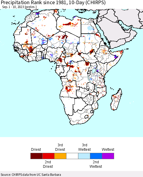 Africa Precipitation Rank since 1981, 10-Day (CHIRPS) Thematic Map For 9/1/2023 - 9/10/2023