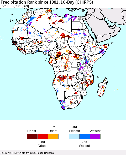 Africa Precipitation Rank since 1981, 10-Day (CHIRPS) Thematic Map For 9/6/2023 - 9/15/2023