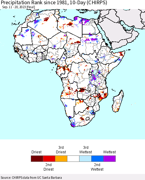 Africa Precipitation Rank since 1981, 10-Day (CHIRPS) Thematic Map For 9/11/2023 - 9/20/2023