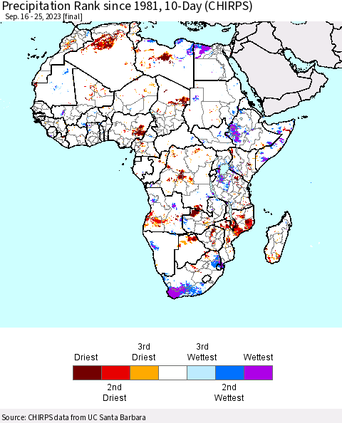 Africa Precipitation Rank since 1981, 10-Day (CHIRPS) Thematic Map For 9/16/2023 - 9/25/2023