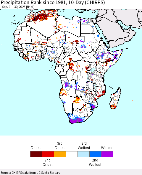 Africa Precipitation Rank since 1981, 10-Day (CHIRPS) Thematic Map For 9/21/2023 - 9/30/2023