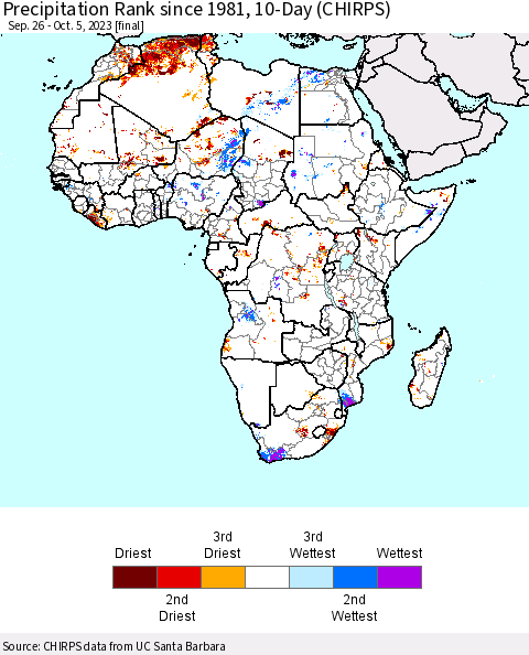 Africa Precipitation Rank since 1981, 10-Day (CHIRPS) Thematic Map For 9/26/2023 - 10/5/2023